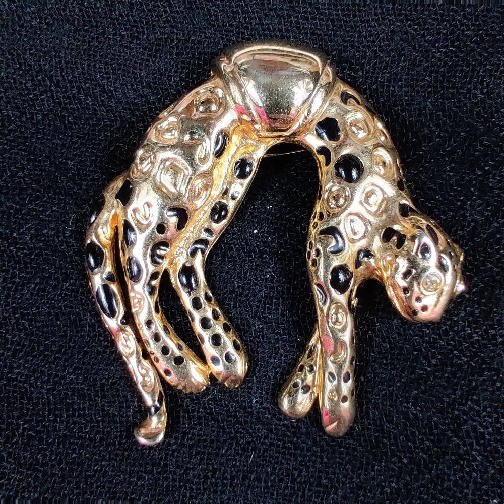 Vintage Panther Brooch Clear Rhinestone Crystal Eyes Metal Pin Retro Gold Tone
